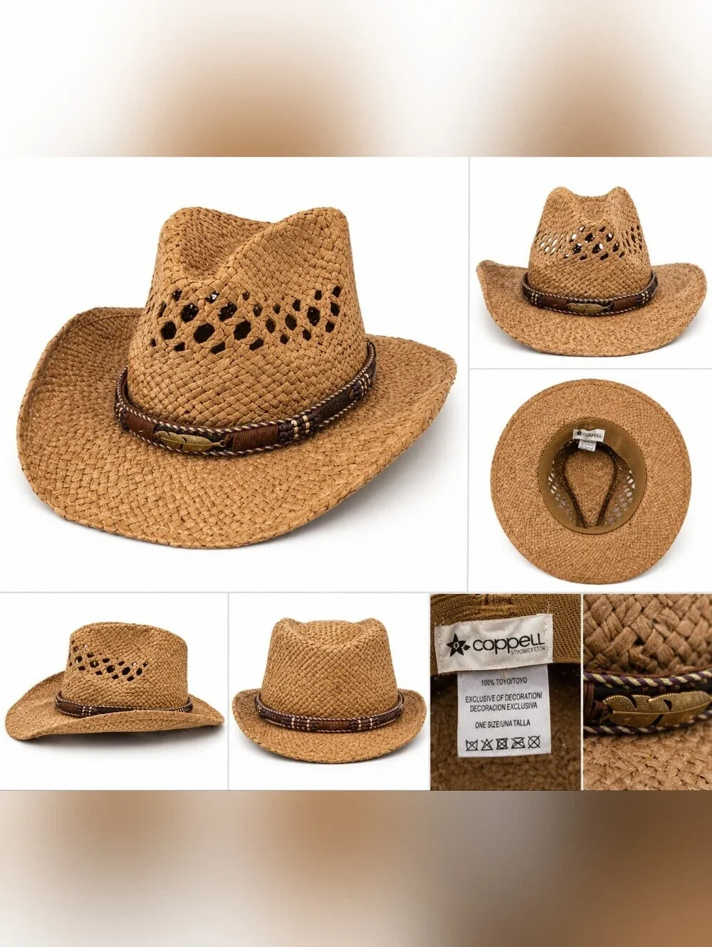 Coppell Straw Cowboy Hat One Size Western Ranch Cowgirl Sun Hat Braided Band Tan